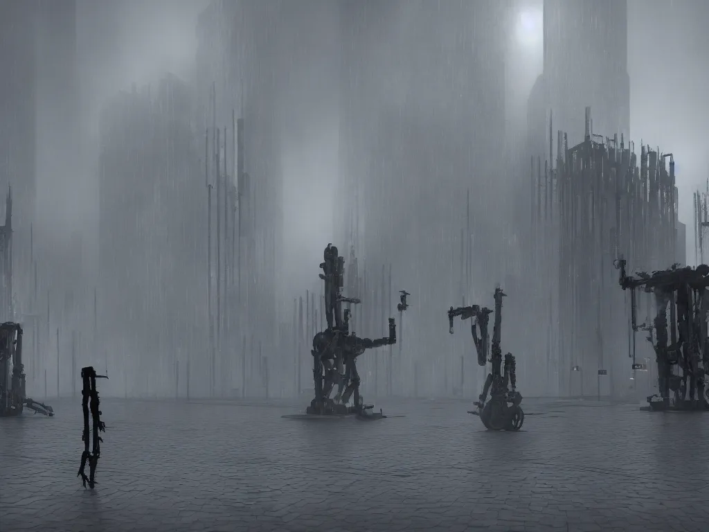 Image similar to robotic black metal band, humanoid, baroque, brutalist structures in the background, atmospheric fog, octane render, cinematic, 8 k