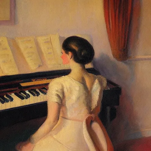 Prompt: a painting of a girl with her back to the piano, by john french sloan