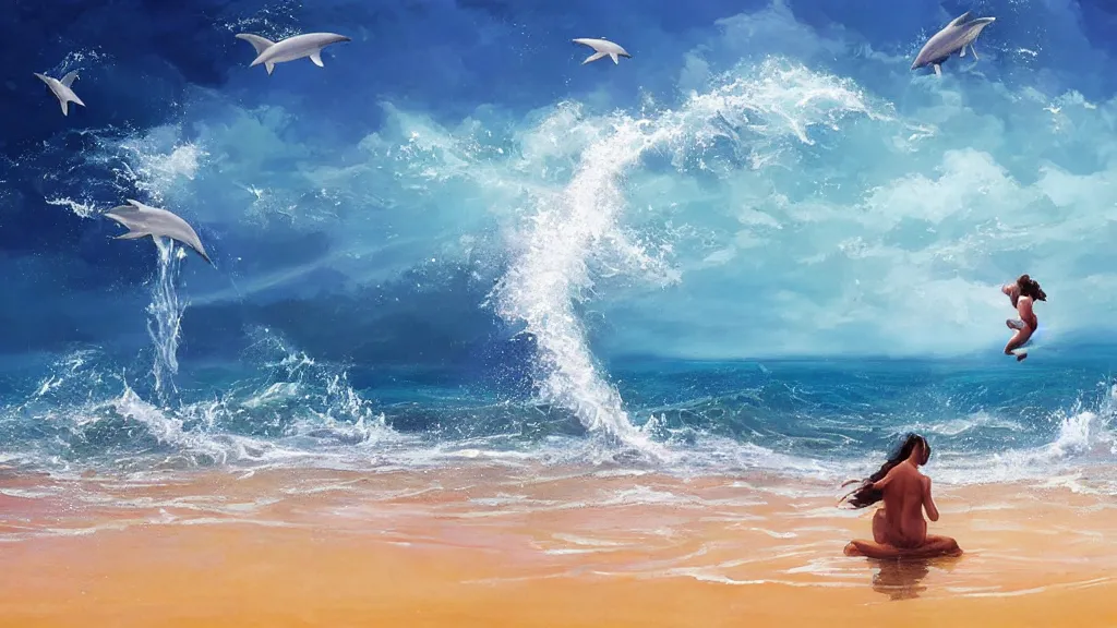 Image similar to first person view of breaking waves on the shore, summer, clear beautiful sky, bright sky, dolphins 🐬 jumping and playing near the shore, peaceful, amazing, by andreas rocha and john howe, and Martin Johnson Heade, featured on artstation, featured on behance, golden ratio, ultrawide angle, f32, well composed