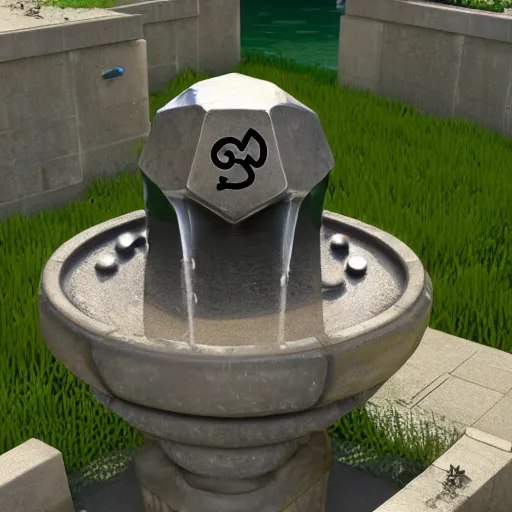 Image similar to a twenty sided die popping out of an ancient water fountain, simple shape, concept art, clean, ultra realistic, art, perfect straight lines, extremely detailed, unreal engine render