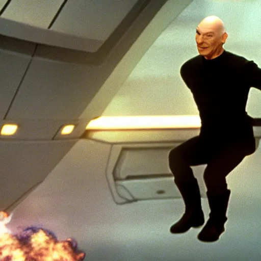 Prompt: Captain Picard jumping from the Starship enterprise