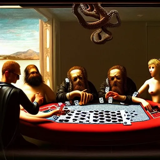 Prompt: hyperrealism simulation highly detailed human octopuses'wearing transparent jackets, playing poker in surreal scene from art house movie from future by caravaggio