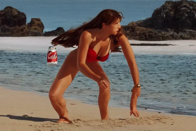 Image similar to Movie scene Coca-Cola ad Ellie Mae holding a Coca-Cola in bikini on the beach by Emmanuel Lubezki