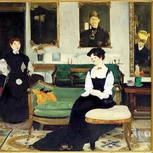 Prompt: a modern woman in a living room, Edouard Manet, painting,