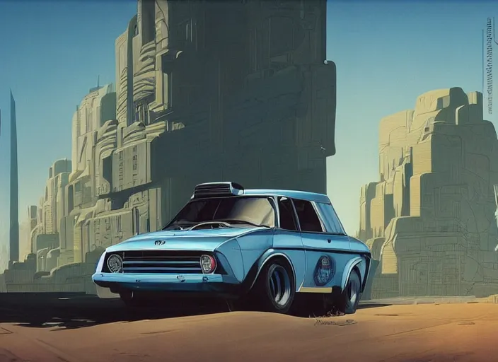 Prompt: a sport sedan truck in a future city. style by peter elson and eyvind earle.