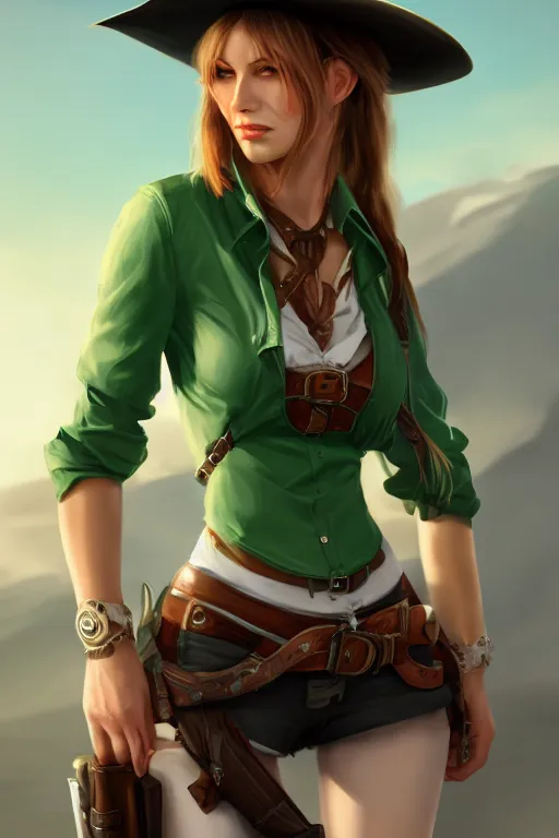 Prompt: full body, female cowgirl, perfect face, white blouse, holster, 8 k, magic the gathering, desert, d & d, artstation, high detail, smooth, sweaty, emerald herald