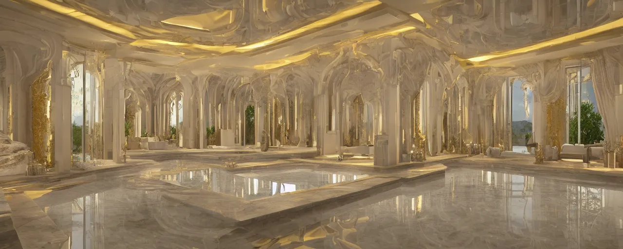 Image similar to 3 d render of a cinematic interior of a triple height hyper luxury spa with everything made of gold, candles, windows with view to desert mountains and river, beige stone marble floor with reflection, small wellness relaxation pool, intricate hieroglyph detailed roof, contemporary design, fractal sacred geometry, 8 k, hyperrealistic, photorealism,