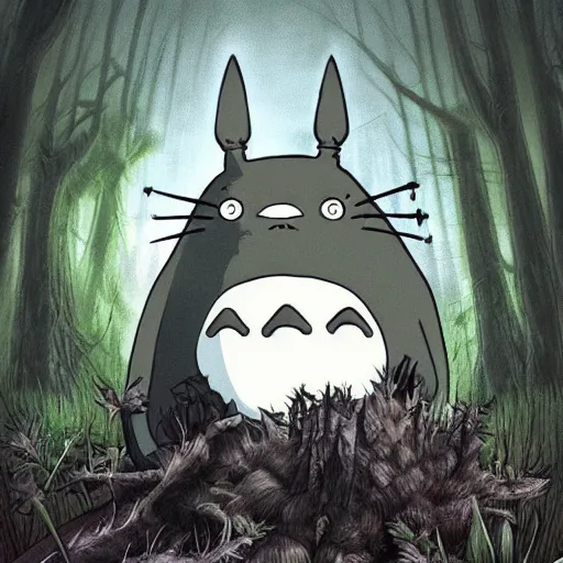 Prompt: totoro in a black metal band in the middle of the forest, fantasy digital art, wow, stunning, ghibli style, hight quality