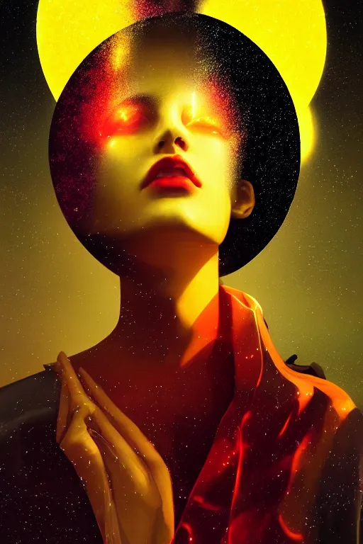 Prompt: 3 d, fashion model, black and crimson night sky, yellow stars, moon rays, vogue cover style, poster art, high detail, intricate oil painting, multiple exposure, hyperrealism, 3 d, by tooth wu and wlop and beeple and greg rutkowski