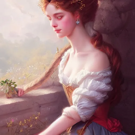 Image similar to beautiful & natural Sidney Sweeney as a 1700s princess by Artgerm and Greg Rutkowski, intricate, elegant, highly detailed, digital painting, artstation, concept art, smooth, sharp focus, illustration,