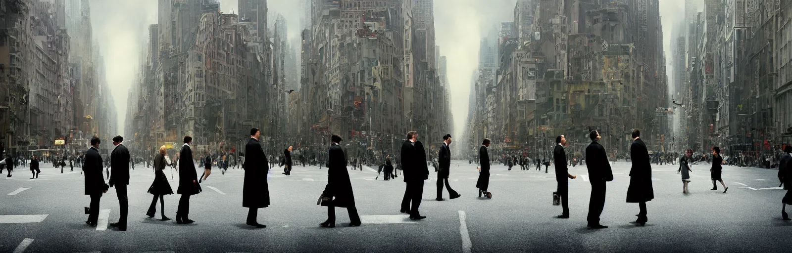 Image similar to People crossing the street from the movie Inception by Christopher Nolan, recursive intersections, surreal, photograph, highly detailed, high evolution, legendary, smooth, sharp focus, dynamic lighting, 4k, by Rene Magritte