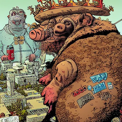 Image similar to king pig, style of Geof Darrow