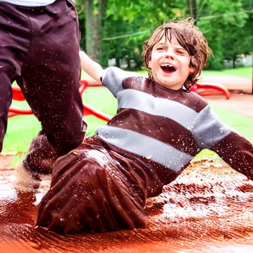 Image similar to kid going down chocolate pudding slip n slide head first, photo taken at the park