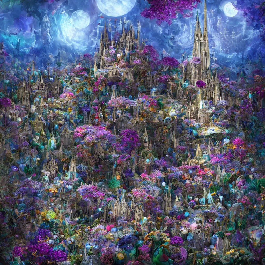 Image similar to a centered render of intricate modular synthesizer of alice in wonderland, shining its light across a tumultuous sea of flowers, undersea animals and gothic crystal church by dorothea tanning and salvador dali, trending on artstation, cyber punk, high contrast, unreal engine, high detailed, 8 k