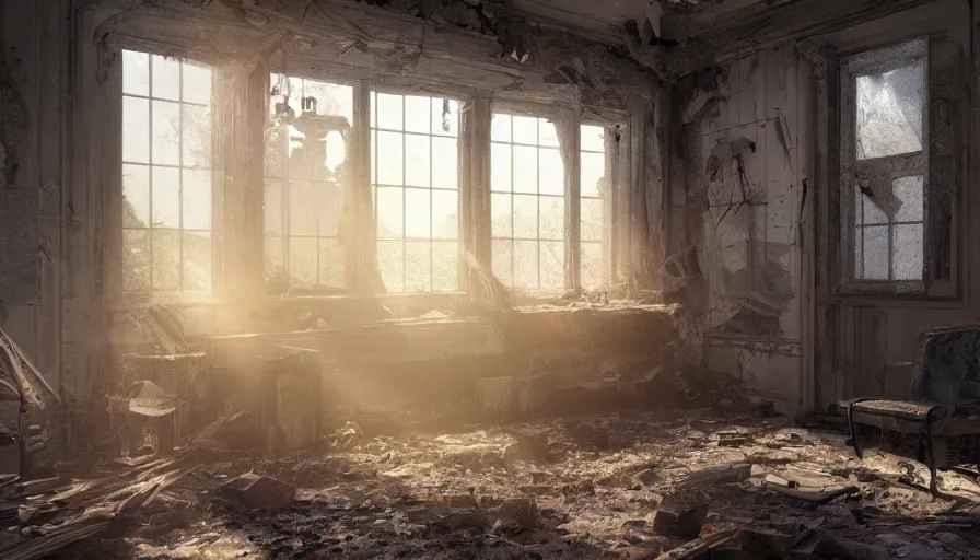 Prompt: abandoned 2 0's house with sunlight coming through old dusty windows, collapsed ceiling, dirt, old furnitures, hyperdetailed, artstation, cgsociety, 8 k