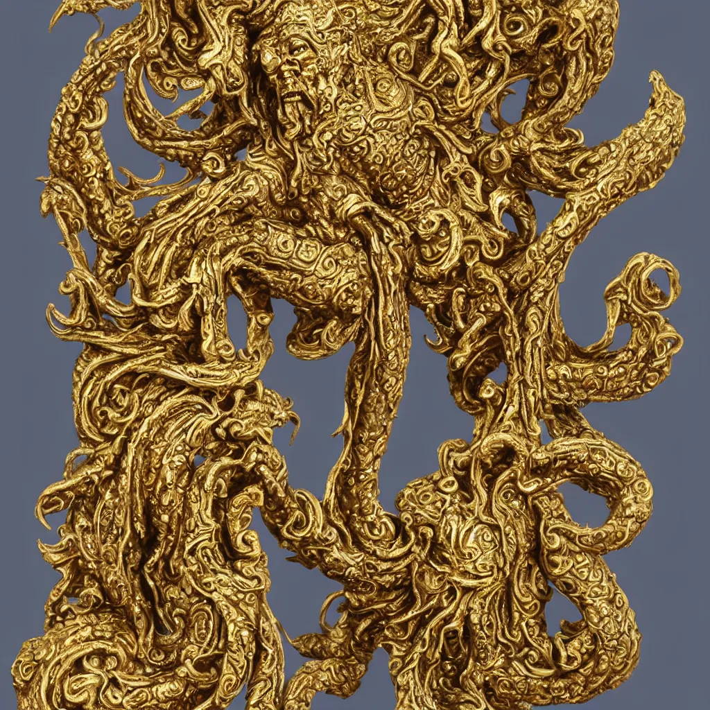 Prompt: statue of cthulhu, ornate, intricate, gold filigree, highlt detailed