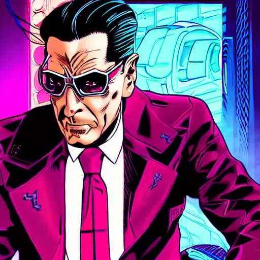 Image similar to a cyberpunk mafia boss with slicked back hair, in a cyberpunk setting, comic book art, cyberpunk, art by stan lee, neon lines, 8 0 s vibe colorful, bright high tech lights, movie still, epic, dramatic, marvel comics, dc comics