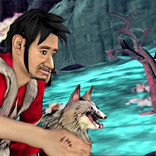 Prompt: Screenshot of the Markiplier character in the PlayStation 2 game Okami. HDR, 4k, 8k, Okami being petted by the YouTuber Markiplier, who is looking at the camera while petting Okami. Very accurate depiction of Markiplier in Okami. Okami the wolf looks exactly like the game when he was pet by Markiplier