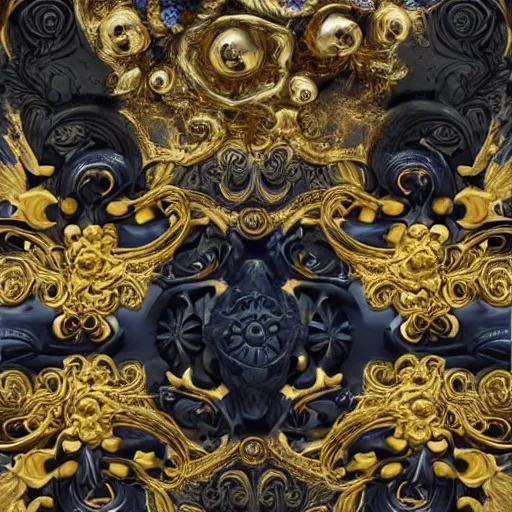 Image similar to black blue yellow porsche 9 1 1, complicated gold and blue flowers the baroque style decoration, dark fantasy, intricate, elegant, highly detailed, digital painting, artstation, concept art, matte, 3 d 8 k octane rendered, sharp focus, illustration, octane rendered, art by artgerm