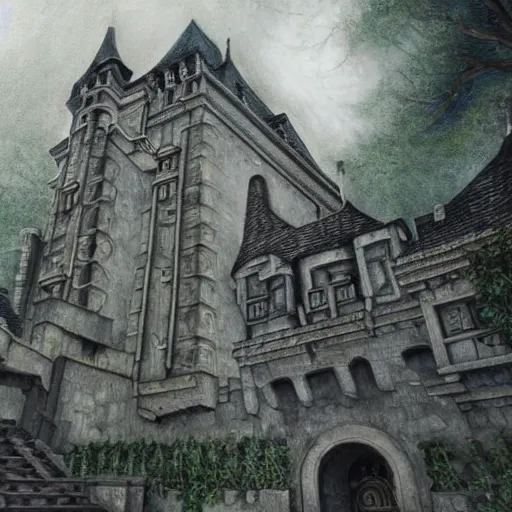 Image similar to main entrance of a castle with subtle lovecraftian vibes, ethereal, oil painting, mc escher