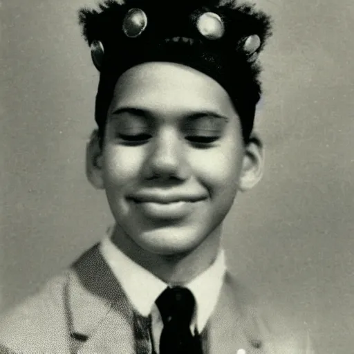 Prompt: a teenage boy with black hair and closed eyes wears a grey felt crown, old yearbook photo