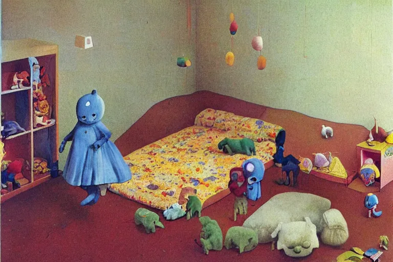 Image similar to An IKEA catalogue photo of a childrens bedroom, with huge cuddly toys, by Beksinski