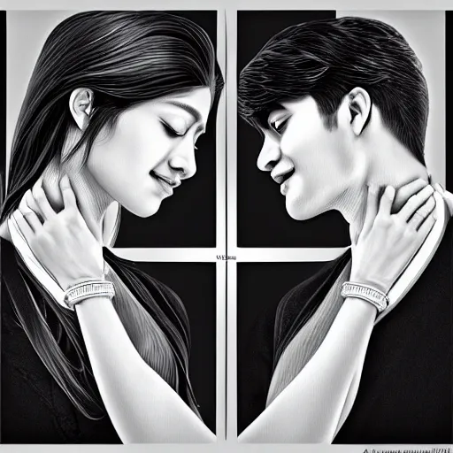 Prompt: perfectly centered symmetrical split male and female portrait of indian romance couple man and woman in love sharing one heart ; digital artwork by'kyuyong eom'and artgerm, photorealistic, highly detailed ; trending on artstation