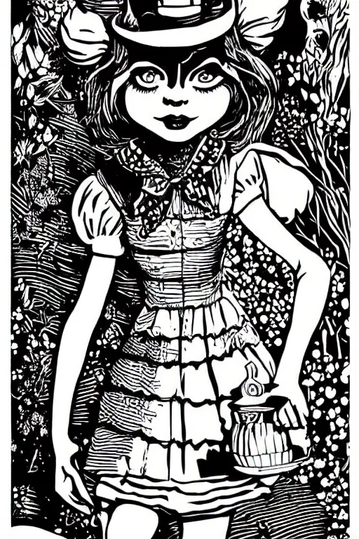 Prompt: alice in wonderland, art by james o barr and dzo, woodblock engraving, black and white, vector, vector art