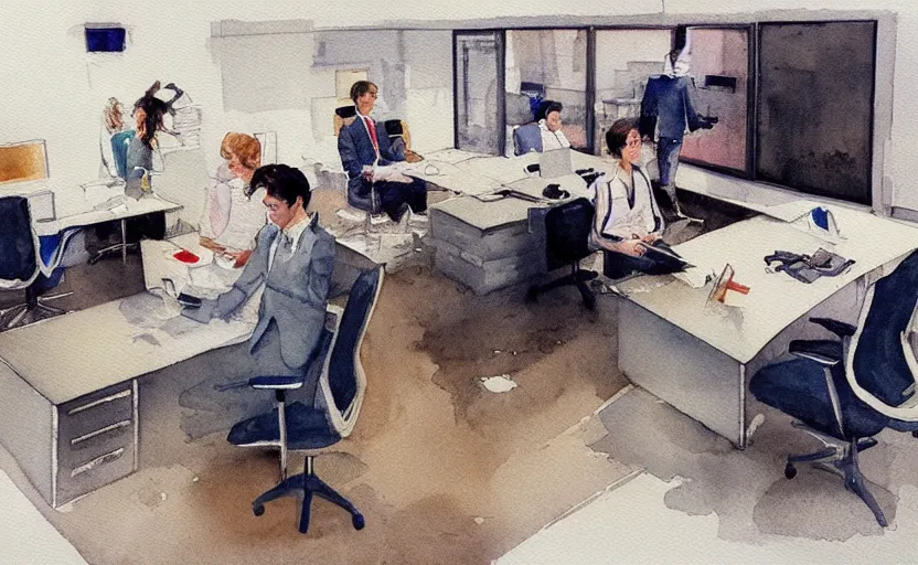 Image similar to concept art of a modern office life, pinterest, artstation trending, behance, watercolor, by coby whitmore *, silver, laser light *,