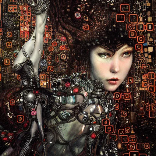 Image similar to depraved cybernetic demon lovers trapped in circuitry, intricate detail, klimt, royo, whealan,