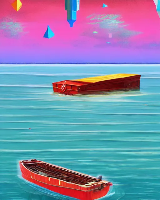 Image similar to a painting of a boat in a body of water, computer graphics by andre pijet, behance contest winner, pop surrealism, 2 d game art, digital illustration, outrun