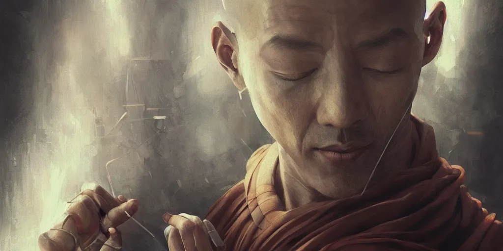 Prompt: ultra realistic illustration, buddhist monk painting a picture, cyberpunk, sci-fi, fantasy, intricate, elegant, highly detailed, digital painting, trending on artstation, sharp focus, illustration art, by artgerm, by greg rutkowski, by albrecht durer