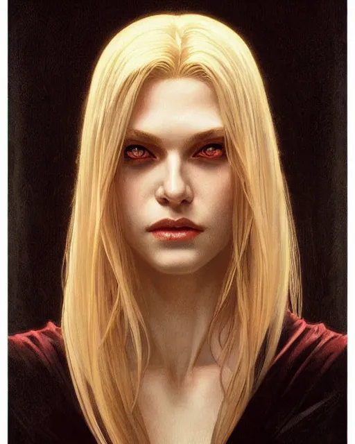 Image similar to portrait of a blonde vampire, dark, piercing eyes, gentle expression, elegant clothing, photorealistic, highly detailed, artstation, smooth, sharp focus, art by michael whelan, artgerm, greg rutkowski and alphonse mucha