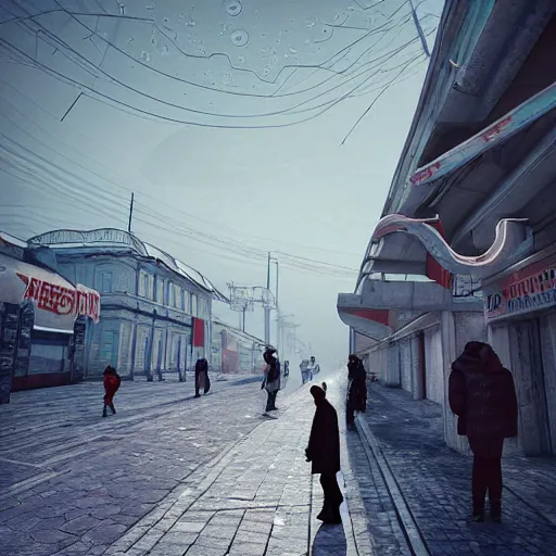 Image similar to Street photo in a crowded future Russian city on Moon, Neo Norilsk, sci-fi, 35mm, intricate, very very beautiful, elegant, highly detailed, smooth, Unreal Engine 5, sharp focus, by Evgeny Zubkov, by Marat Zakirov, trending on Behance