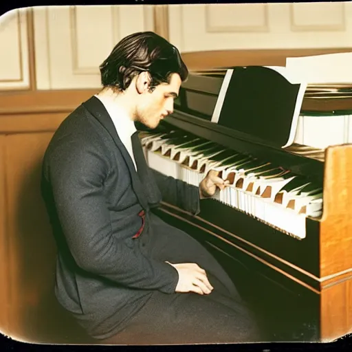 Image similar to henry cavill playing piano, autochrome