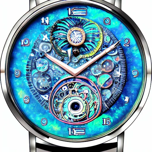 Image similar to detailed illustration of celestial watch from the far future with 3 7 descending dials and multiple glowing watch faces, mother of pearl opal blue eye, year 2 5 0 0, style of norman rockwell