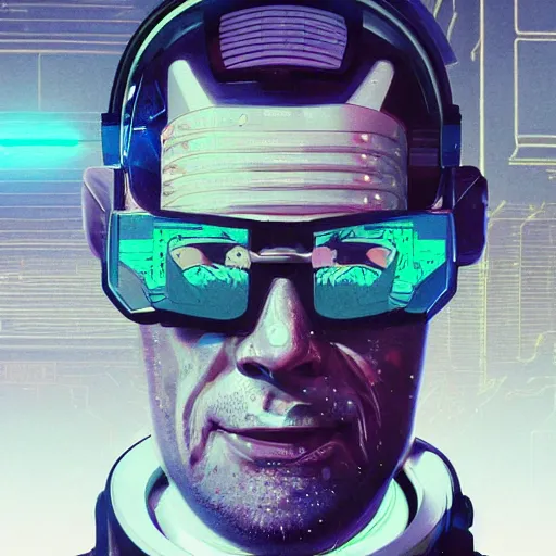 Image similar to portrait of a space hank hill. intricate abstract. cyberpunk, vhs glitch. full face broken helmet. intricate artwork. nightmare fuel. terrifying. empty oxygen tank. by Tooth Wu, octane render, trending on artstation, greg rutkowski very coherent symmetrical artwork. cinematic, hyper realism, high detail, octane render, 8k, iridescent accents, black and white