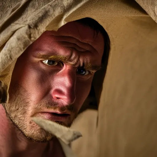 Prompt: Photograph of Angry 25 year old man in ancient Canaanite clothing wakes up in shock. Interior ancient tent. 40mm lens, shallow depth of field, split lighting