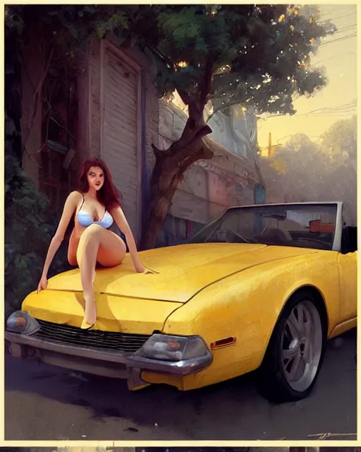 Prompt: a beautiful girl with jacket and bra sitting near the old yellow car | | realistic shaded, unpleasant face, bad looking, fine details, realistic shaded lighting poster by greg rutkowski, magali villeneuve, artgerm, jeremy lipkin and michael garmash and rob rey