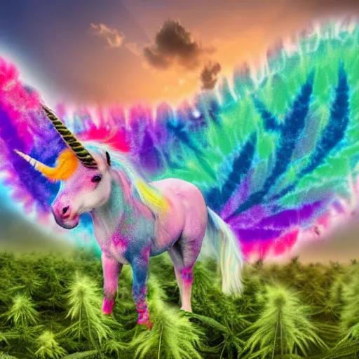 Image similar to a tye - die unicorn with wings eating in a field of marijuana, wildlife photography, 8 k, highly detailed