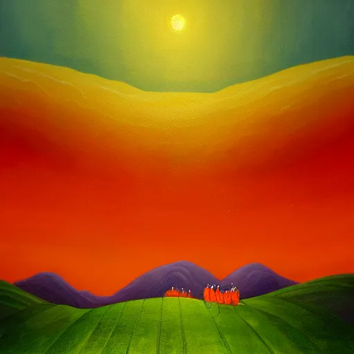 Prompt: a painting of three small orange people flying over rolling green hills, far away, inspiring, beautiful, brightly colored, paranormal, in the style of John Martin, red and green color scheme, Kanye West Donda Album Cover