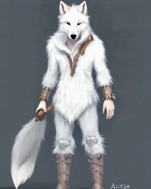 Image similar to character concept art of a cute young male anthropomorphic furry white wolf | | cute - fine - face, pretty face, key visual, realistic shaded perfect face, fine details by stanley artgerm lau, wlop, rossdraws, james jean, andrei riabovitchev, marc simonetti, and sakimichan, trending on artstation