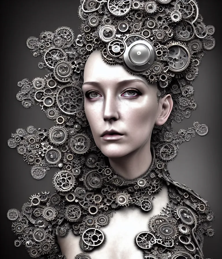 Image similar to highly detailed photo portrait of complex bio-mechanical beautiful young female stone cyborg with a Mandelbrot fractal steampunk metal fine lace face, retrofuturistic depressing hopeless horrific vibe, radiating dark energy aura, curled silver hair and a fine metal floral foliage super big lace collar by Alexander McQueen:: high fashion, haute couture, rococo, steampunk, silver filigree details, anatomical, facial muscles, cable wires, microchip, elegant, hyper realistic, 150 mm lens, soft rim light, octane render, unreal engine, volumetric lighting, 8k, muted reflective metallic coloring, sharp focus