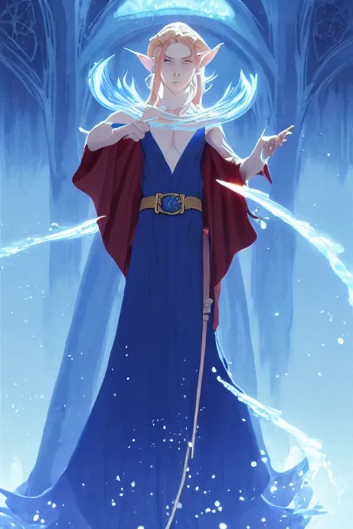 Image similar to elf female sorcerer doing water magic spells, blue robes, red hair, finely detailed perfect face, exquisite details, mid view, design on a white background, by studio muti, greg rutkowski makoto shinkai takashi takeuchi studio ghibli