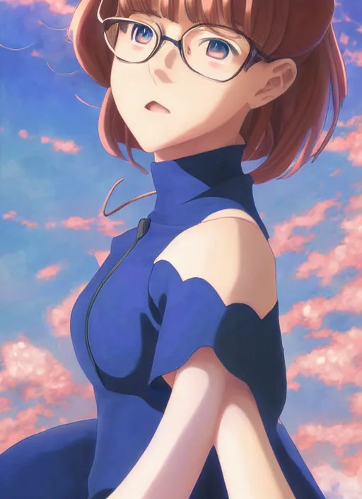 Prompt: Painting of Velma Dinkley in the style of Violet Evergarden, anime style, winged eyelashes, countryside, calm, fantasy character portrait, dark outlines, dynamic pose, above view, sunny day, artwork by Makoto Shinkai, very coherent asymmetrical artwork, sharp edges, perfect face, simple form, 100mm