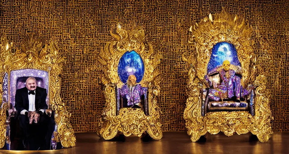 Image similar to shining majestic throne made of millions of diamonds, gold and zaphires with thousands of light reflections, and a clown on a suit is sitting on the throne while handing a globe, cartoon style, dramatic light