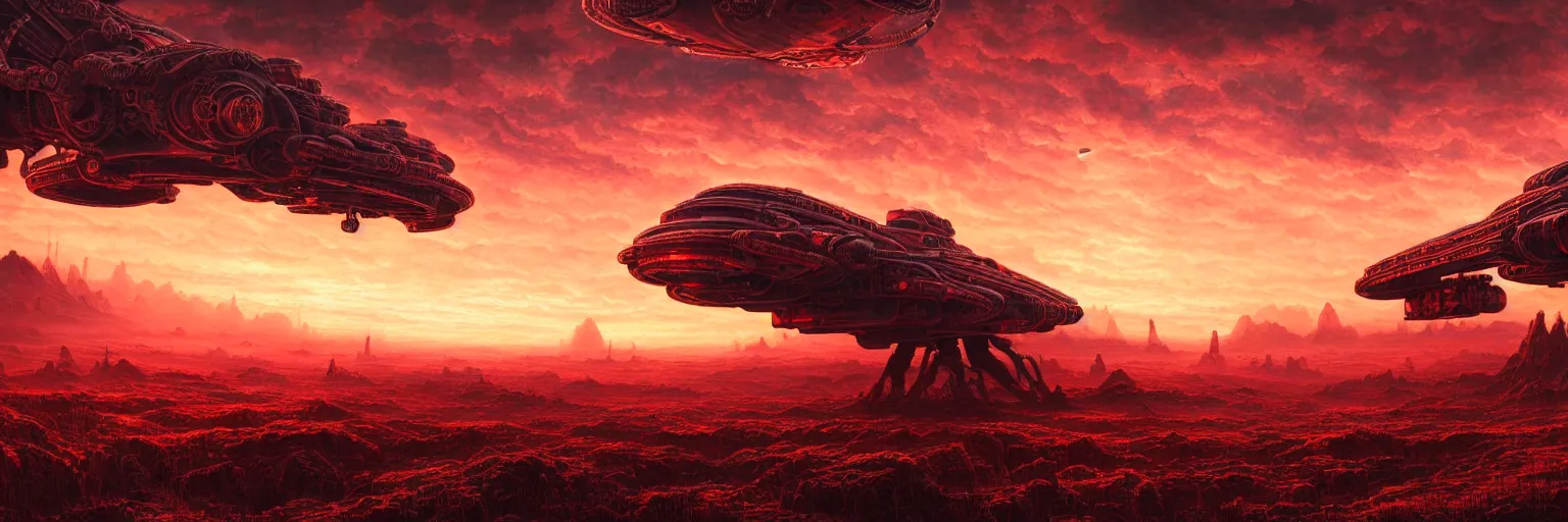 Prompt: ultra realist intricate detailed landscape painting of an alien world, red sky with mech buildings and cyborg tech, symmetry accurate features, very intricate details, bokeh focus, 8 k render, artstyle geoff taylor, award winning