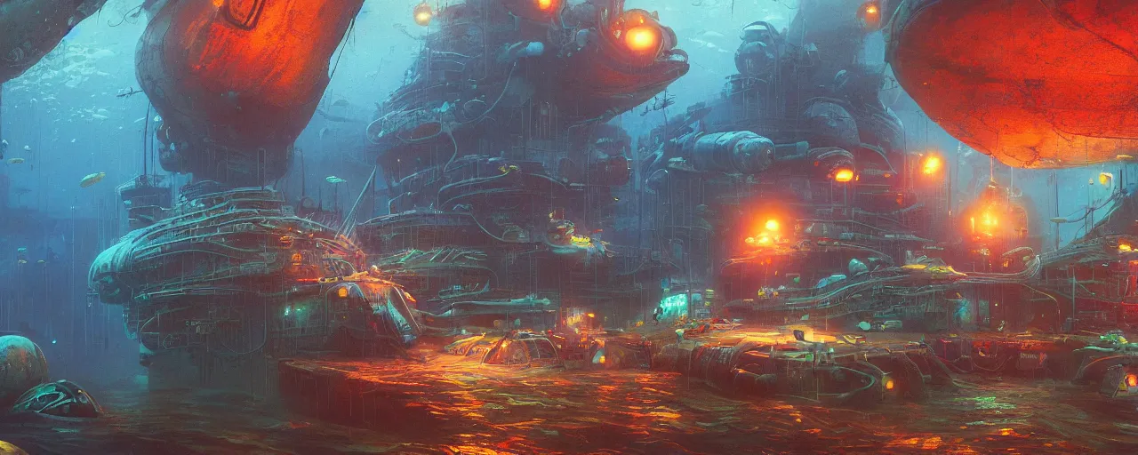Prompt: ” underwater otherwordly submarina dock, [ pods, terminal, cinematic, detailed, epic, widescreen, opening, establishing, mattepainting, photorealistic, realistic textures, octane render, art by slop and paul lehr ] ”