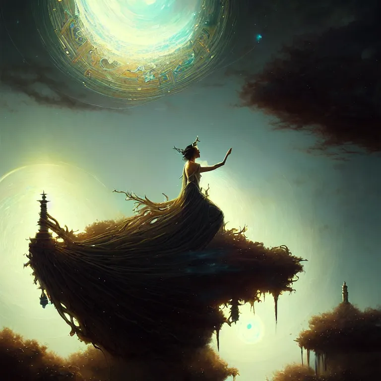 Image similar to a goddess of world full of life, divine thrill of the biological tranquil sky, atoms floating, by greg rutkowski, fantasy, horror, intricate, elegant, highly detailed, digital painting