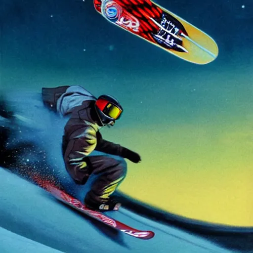 Prompt: snowboarder racing down a slope with a jet engine attached, scifi, futuristic, redline